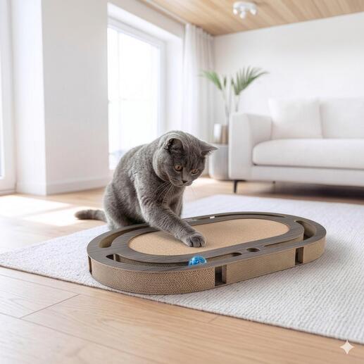 Katze spielt mit einem Kratzspielzeug im Wohnzimmer auf einem hellen Teppich.