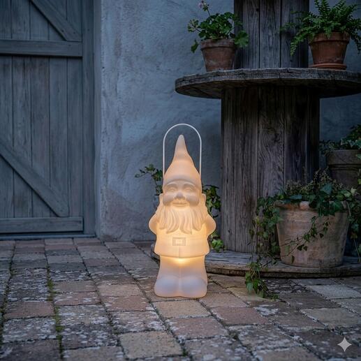 LED-Gartenzwerg mit sanftem Licht, platziert auf einem Ziegelsteinboden neben Pflanzentöpfen.