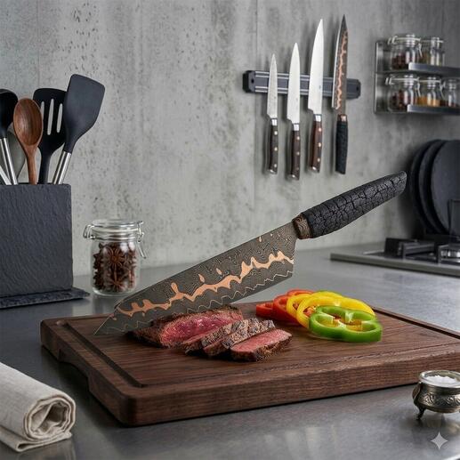 Kochmesser mit geschwungenem Klingenprofil und Holzgriff, neben geschnittenem Fleisch