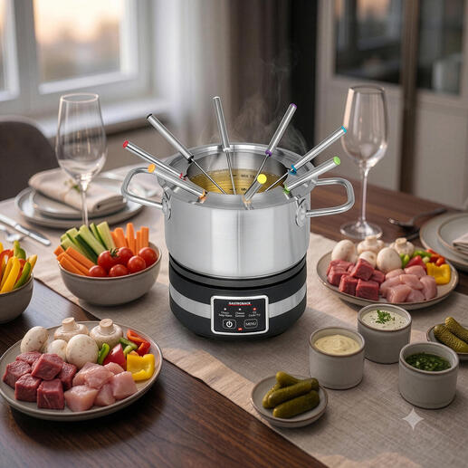 Multifunktions-Fonduegerät mit mehreren Spießen auf einem gedeckten Tisch.