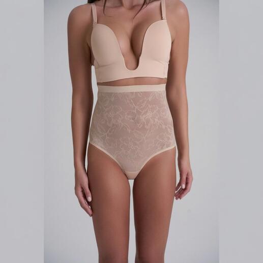 Beiger Spitzen-Shape-Slip mit hoher Taille, model trägt einen passenden BH