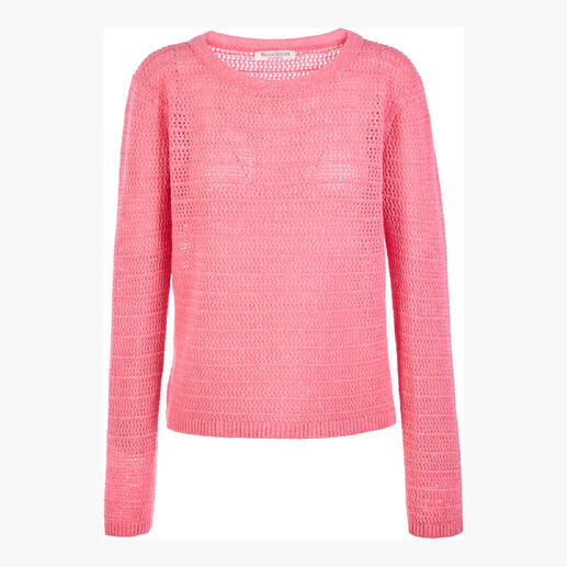 Rosa William Lockie Edel-Mesh-Pullover auf weißem Hintergrund.