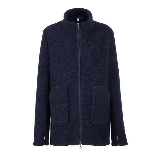 Vorderansicht des Woll-Sherpa-Fleecejackets in dunkelblau mit Reißverschluss.