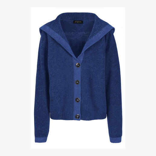 Blaue Matrosen-Cardigan mit Knöpfen in Frontalansicht.