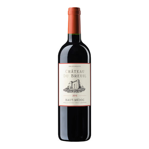 Flasche Château du Breuil 2016 mit etiket und rotem Korken auf weißem Hintergrund.