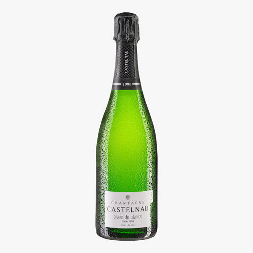 Flasche Champagne Castelnau Blanc de Blanc 2008 mit Perlen.