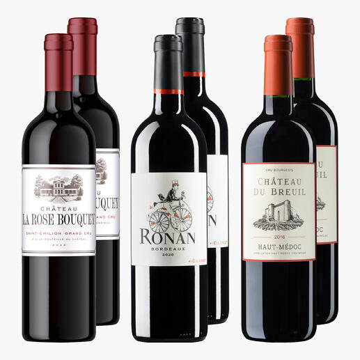 Sechs Flaschen Bordeaux-Wein mit unterschiedlichen Etiketten.