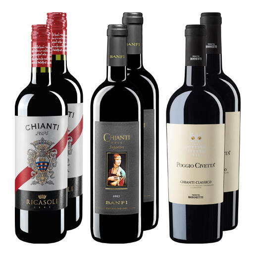 Chianti-Weinpaket mit drei verschiedenen Rotweinen in Flaschen
