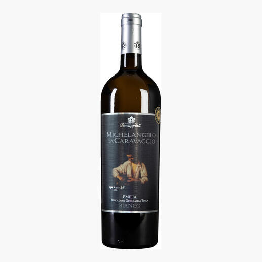 Flasche Caravaggio Bianco, 2023, mit Bild eines Künstlers auf dem Etikett.