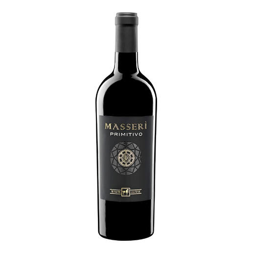 Masserì Primitivo 2022 in einer eleganten, schwarzen Flasche mit goldenen Details.