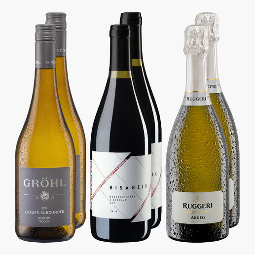 Weinpaket mit drei Flaschen Weißwein und zwei Flaschen Sekt