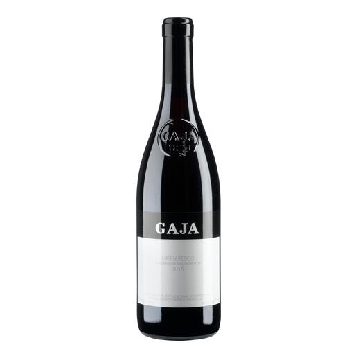 Flasche des Weins 'Gaja Barbaresco 2015' mit eleganter Etikettgestaltung.