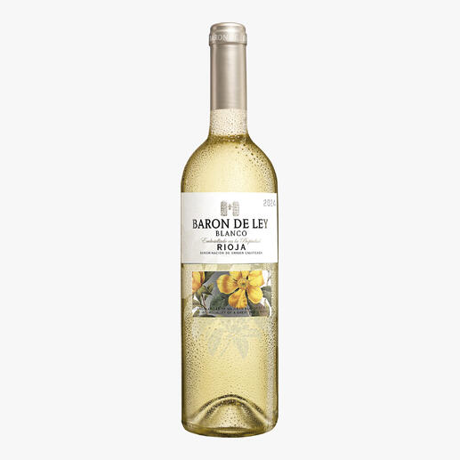 Weißweinflasche 'Rioja Blanco 2024' mit floraler Etikettierung.
