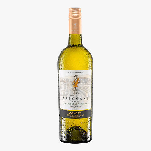 Flasche Arrogant Frog 2024 mit buntem Etikett und sprudelnder Optik.