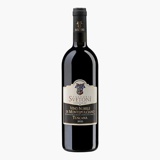 Rotwein Vino Nobile di Montepulciano Sveto 2021 in stilvoller Flasche.