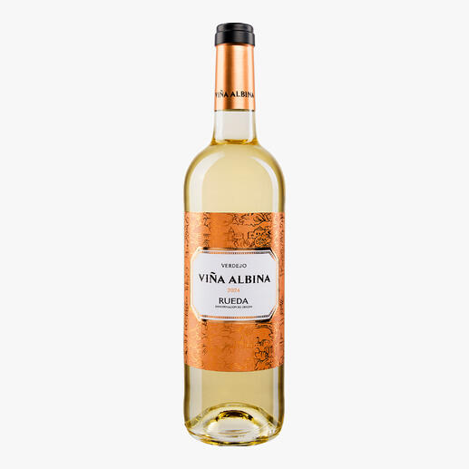 Flasche Viña Albina Verdejo 2024 auf weißem Hintergrund.