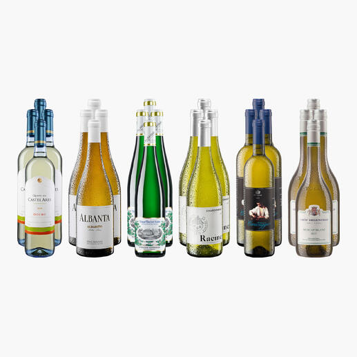 Die kleine Weißweinsammlung W25 mit verschiedenen Flaschen Weißwein.