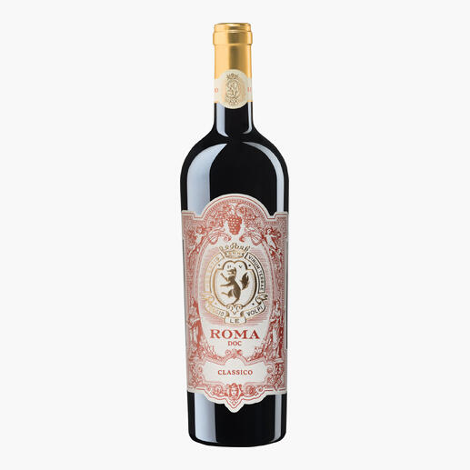 Rotwein 'Roma Rosso Classico 2022' aus Latium, Italien in einer dekorativen Flasche.
