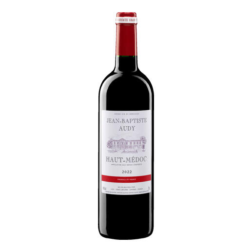 Flasche Audy Haut-Médoc 2022, klassisch mit sorgfältig gestaltetem Etikett.