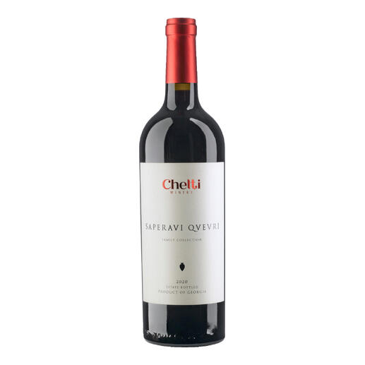 Flasche Saperavi Qvevri Wein mit klassischem Etikett.
