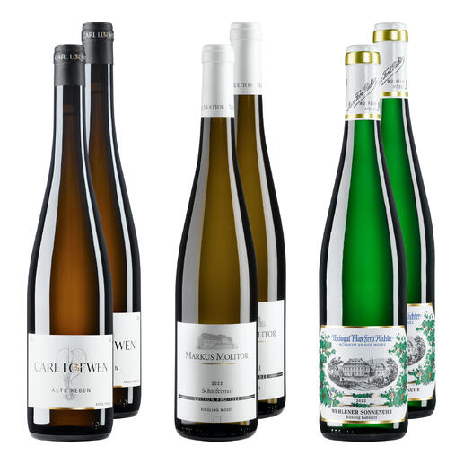 Drei Flaschen Mosel Riesling: zwei Carl Loewen und eine Markus Molitor auf einem weißen Hintergrund.