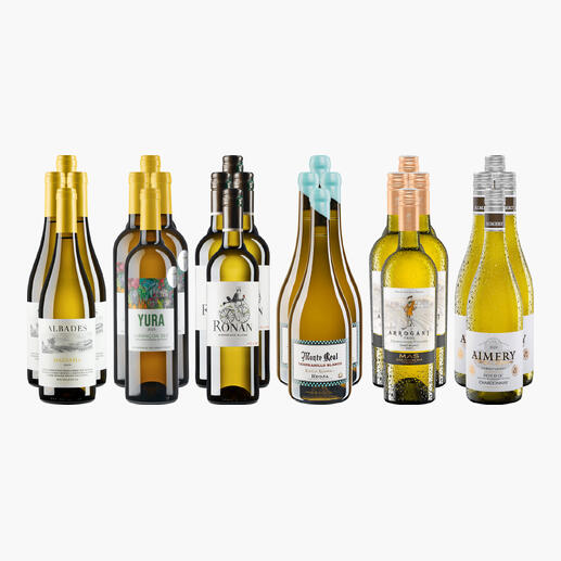 Acht Flaschen Weißwein aus der Frühjahr/Sommer 2026 Sammlung auf weißem Hintergrund.