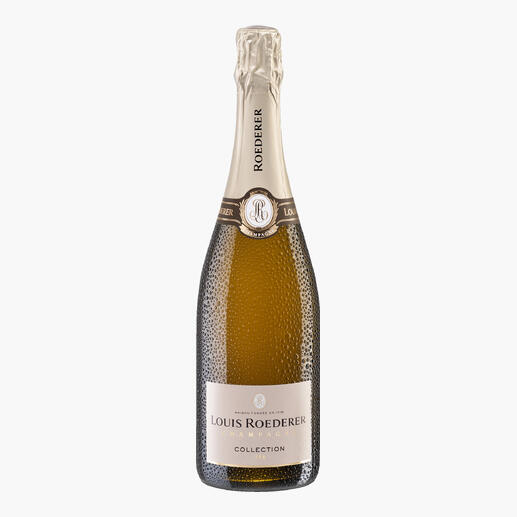 Flasche von Louis Roederer Collection 246 mit goldfarbener Blase im Hintergrund.