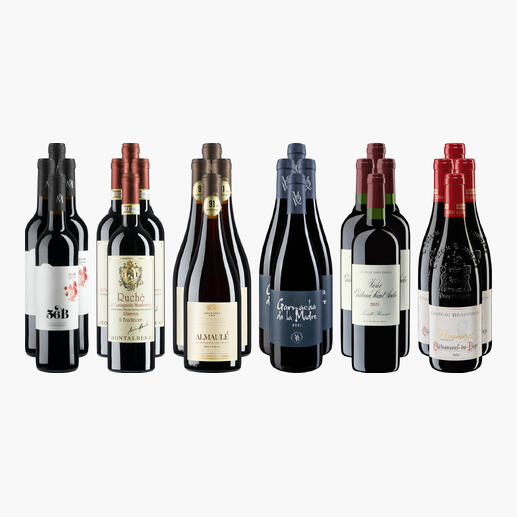 Acht Flaschen erlesener Rotweine aus der Frühjahr/Sommer 2026 Sammlung auf weißem Hintergrund.
