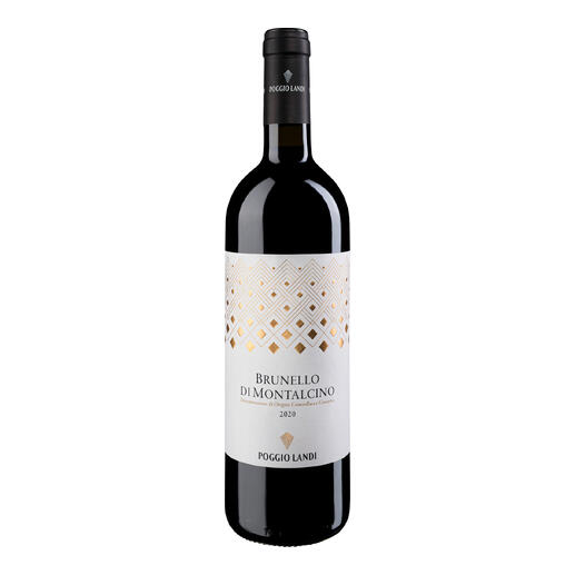 Flasche Poggio Landi Brunello BIO 2020 mit eleganter, geometrischer Etikettengestaltung.
