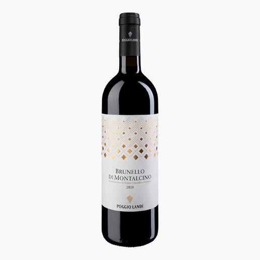 Flasche Poggio Landi Brunello BIO 2020 mit eleganter, geometrischer Etikettengestaltung.