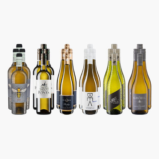 Sechs Flaschen der kleinen Weißwein-Sammlung für Sommer 2026.
