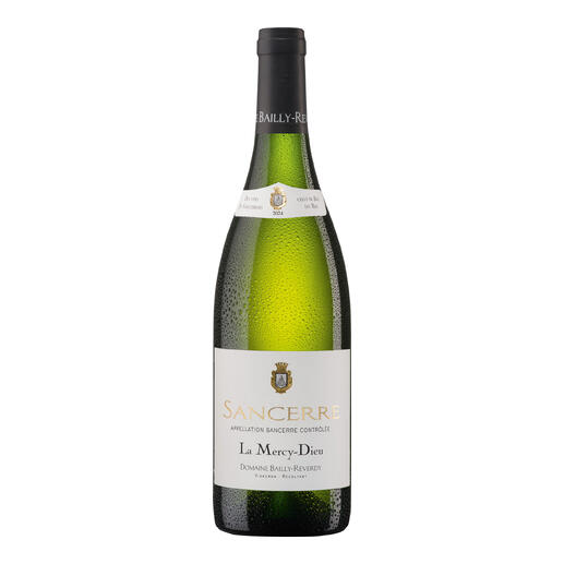 Flasche Sancerre Wein mit grünem Etikett.
