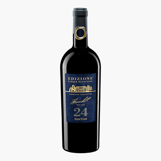 Flasche des Weins 'Edizione 24' mit blauer Etikettierung.