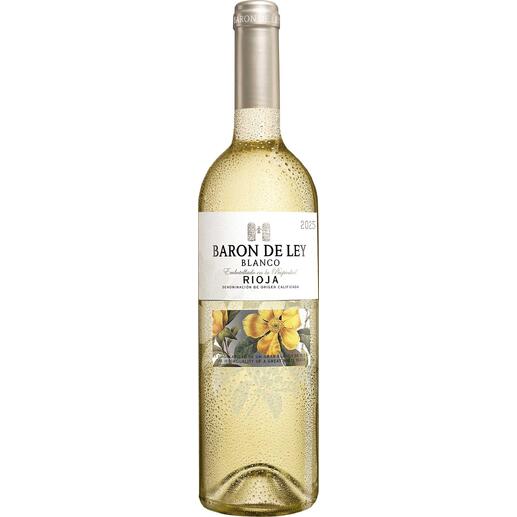 Flasche Rioja Blanco 2025, Baron de Ley mit floraler Etikettierung, halbtransparent.