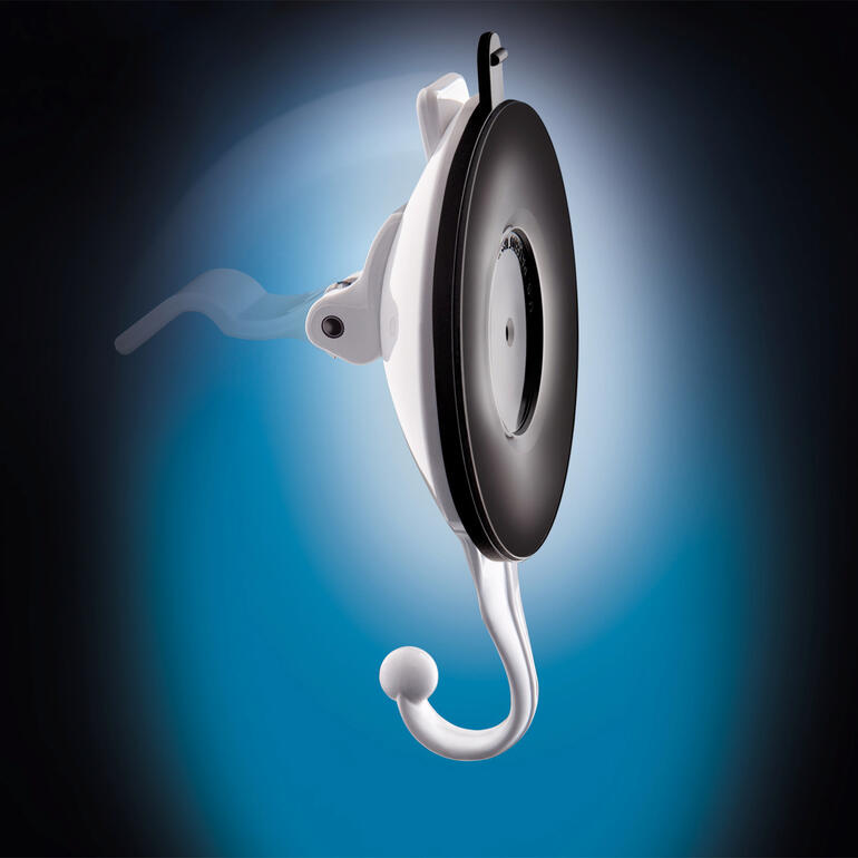 Vakuumhaken „Supergrip“ mit runder Scheibe in Schwarz und Weiß.