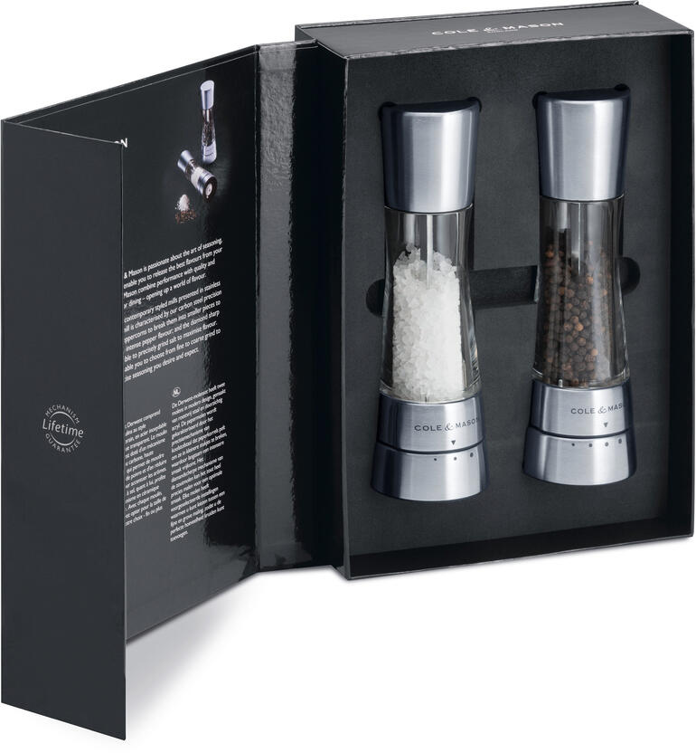 2er-Set im edlen Geschenkkarton. Geschenkverpackung für Salz- und Pfeffermühlen im eleganten Design.