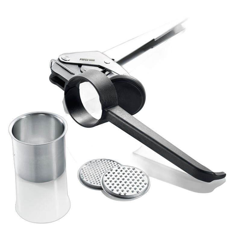 Zylinder, 2 mm Lochscheibe, 3 mm Lochscheibe, Kartoffelpresse. Profi-Kartoffelpresse Force One mit zwei Siebplatten in silber und schwarz.