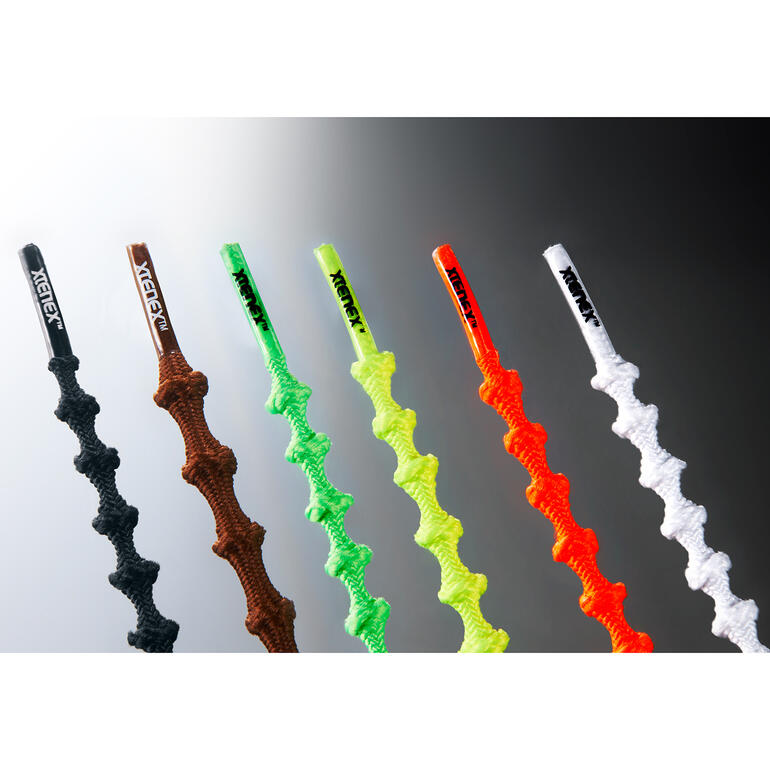 Schwarz, Braun, Neongrün, Neongelb, Neonorange und Weiß Verschiedene Schnürsenkel des Xtenex Schnürsystems in verschiedenen Farben.