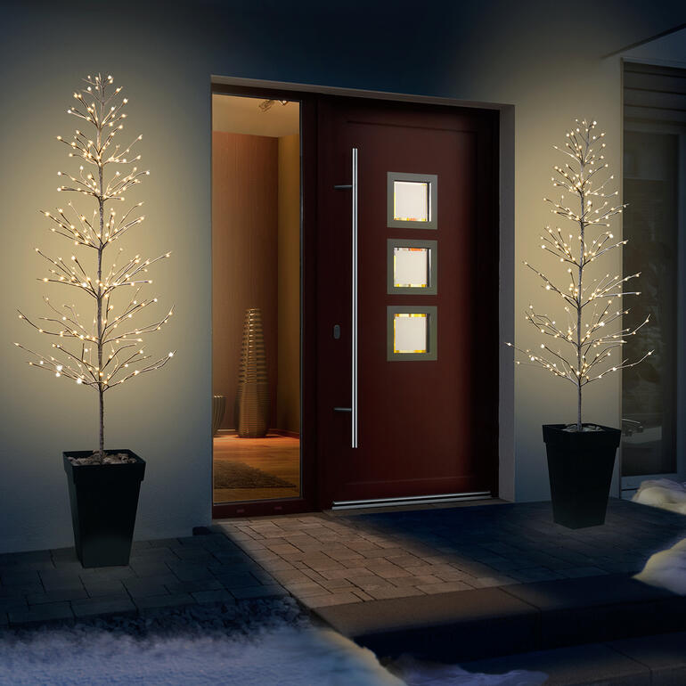 Lichterbaum mit beleuchteten Zweigen vor einer Haustür