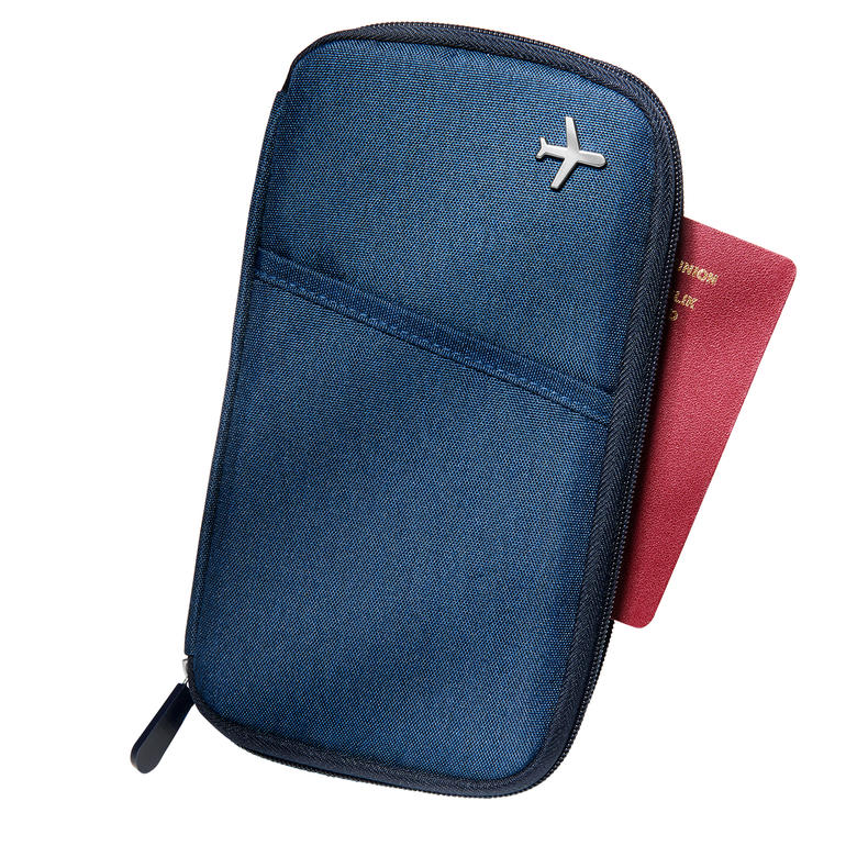 Travel-Organizer RFID-Reiseorganizer in blau mit Flugzeug-Applikation.