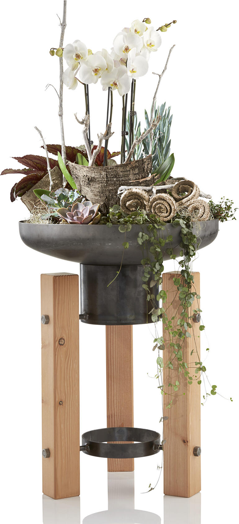 Besonders schön auch als Pflanzschale – ein dekoratives Hochbeet für Terrasse, Balkon, Entree. Feuer- und Pflanzschale, dekoriert mit Pflanzen und Holzunterlagen.