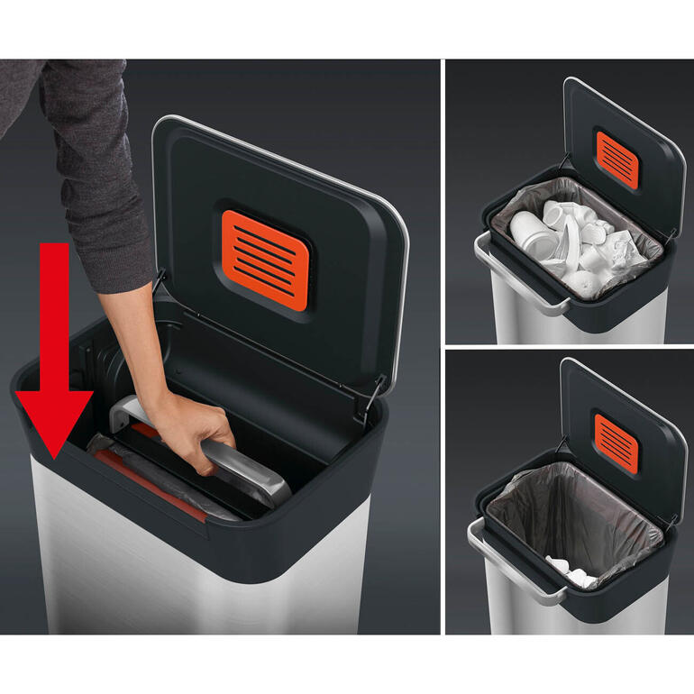 Einfach den Handgriff aufstellen und nach unten drücken: Verpackungen, Dosen, Kleinteile, ... werden zusammengepresst und das 30-l-Volumen so maximal ausgenutzt. Bedienung des Abfalleimers mit Verdichtungssystem