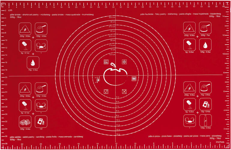 Silikon-Ausrollmatte Rote Silikon-Ausrollmatte mit Maßangaben.