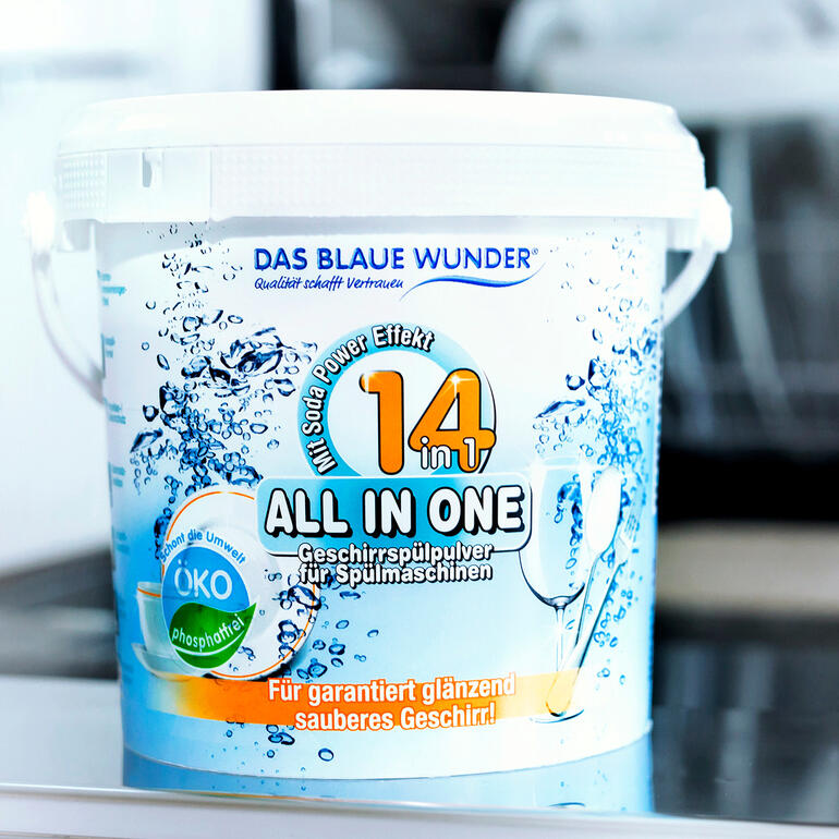 All-in-One Geschirrspülpulver, 1 kg im Eimer mit Sprudeleffekt.