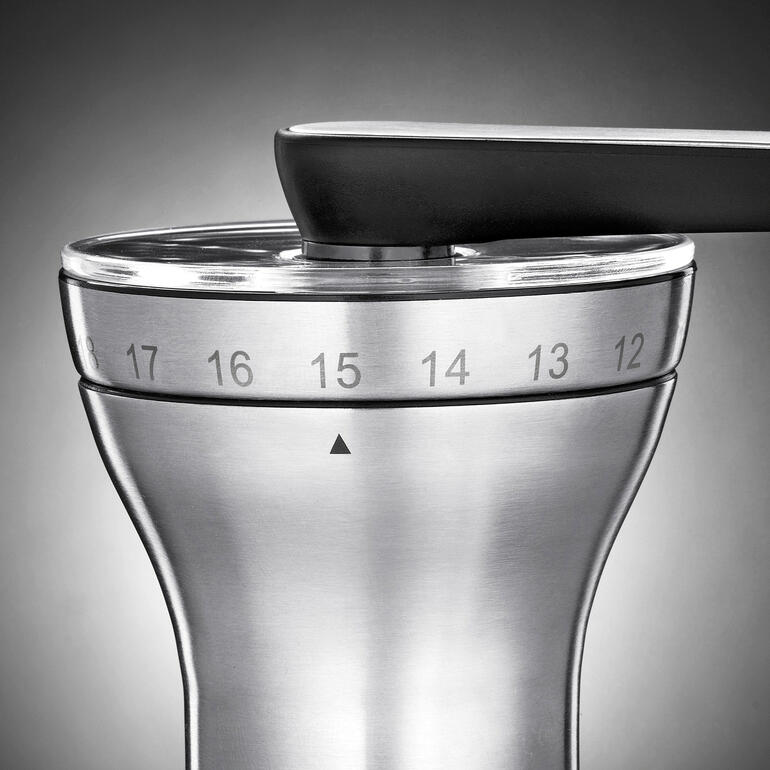 18-Stufen-Hand-Kaffeemühle Obenansicht der Hand-Kaffeemühle mit dem Einstellring für die Mahlgrade.