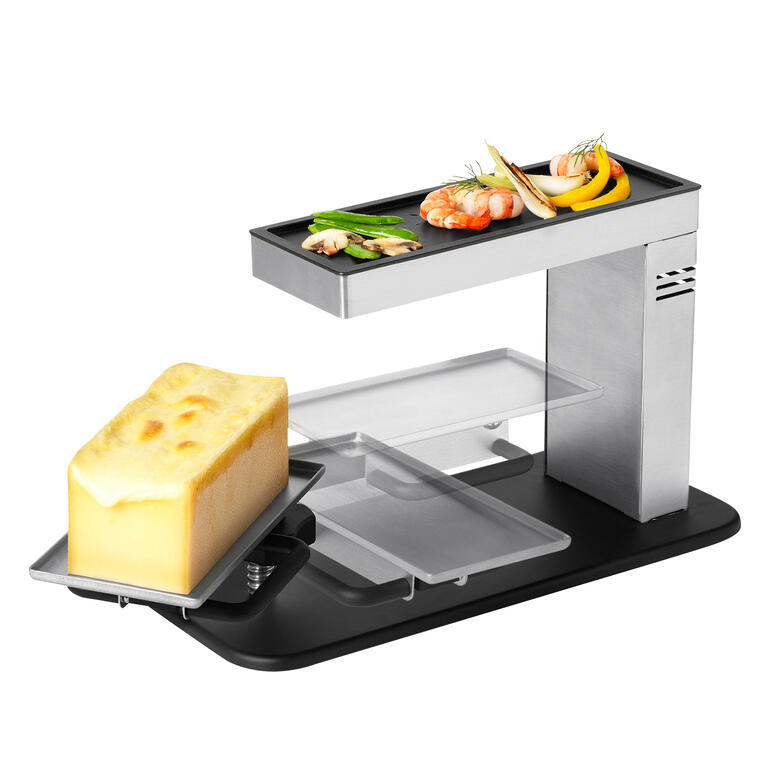 Original Schweizer Raclette Swing Raclette-Grill mit einer Käsescheibe auf einem kompakten Grill.