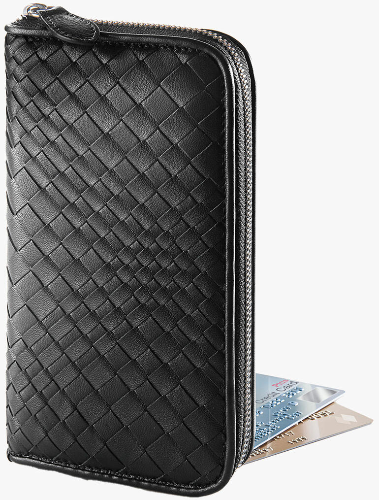 Schwarze Geldbörse aus Lammnappa mit Kartenfächern.