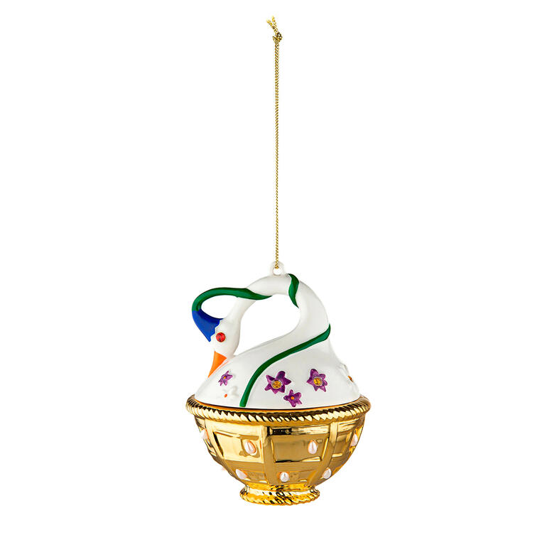 Schwan-Dekokugel Fleurs de Jori mit bunten Verzierungen und goldener Basis.