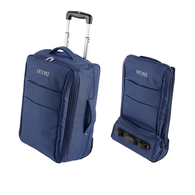Mit wenigen Handgriffen platzsparend, flach zusammenfaltbar. Zwei Ansichten des blauen OCONI Falt-Trolleys, geschlossen und geöffnet, mit mehreren Taschen.