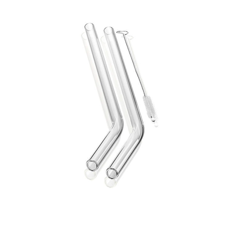 Transparent Set von 8 transparenten Glastrinkhalmen mit Bürste auf weißem Hintergrund.